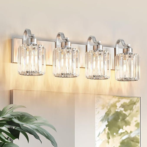 4 Lights Brushed Nickel Vanity Light Crystal Wall Light Bathroom Light Fixtures by AIXIALIN