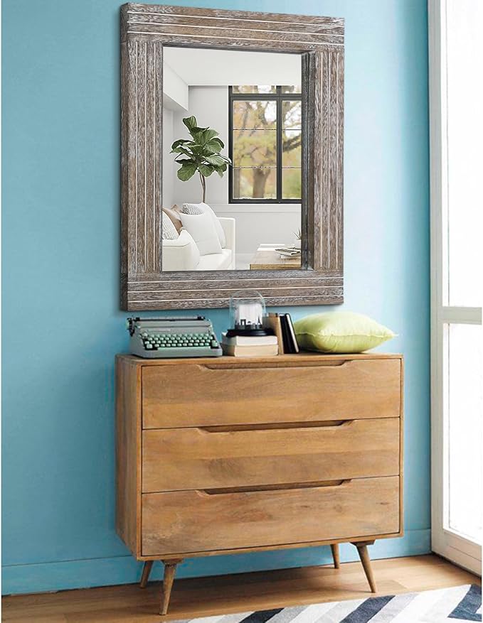 Wall Mirror Rustic Wooden Frame Rectangle Mirror Vintage Hanging Mirror - Image 4