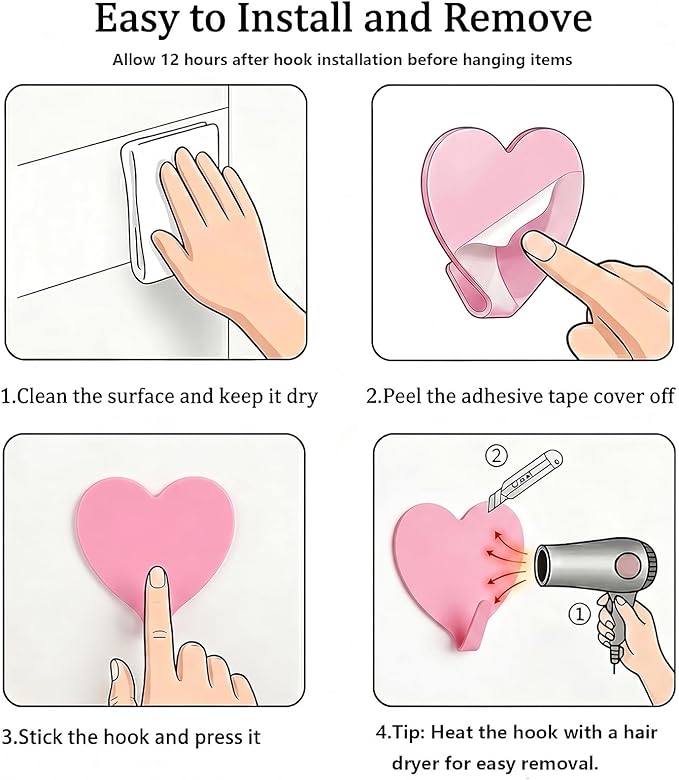 Heart Wall Hooks, 8 Pack, Small Pink Decorative Accessories, Purse Hanger - Image 7