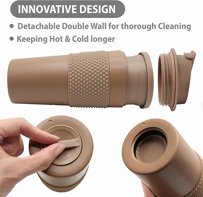 16 oz Coffee Tumbler Set, 2 Pack, Made with Real Coffee Grounds, Detachable & Insulated Double Wall, Cup Holder Ready, Dishwasher and Microwave Safe, Leak Proof Lid, BPA Free, Brown