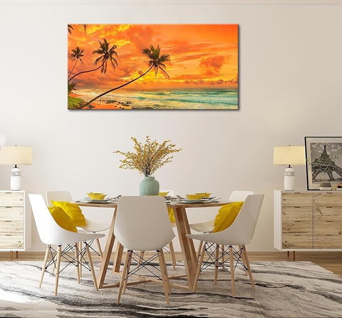 Tropical Beach Sunset Large Wall Art – Stretched & Framed Ocean Waves Canvas - Image 4