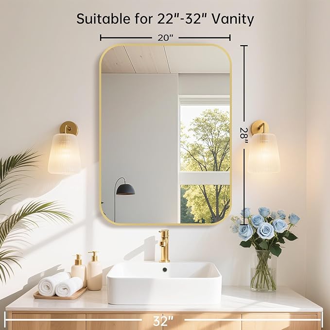 20x28 Inch Gold Bathroom Mirror, Brushed Brass Gold Metal Framed Rectangular - Image 7