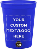 DISCOUNT PROMOS Custom Plastic Stadium Cups 16 oz. Set of 50, Personalized Bulk Pack - Perfect for Birthdays, Weddings, Picnic, Beach, Parties - Blue