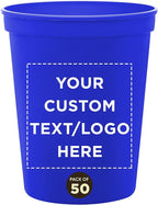 DISCOUNT PROMOS Custom Plastic Stadium Cups 16 oz. Set of 50, Personalized Bulk Pack - Perfect for Birthdays, Weddings, Picnic, Beach, Parties - Blue