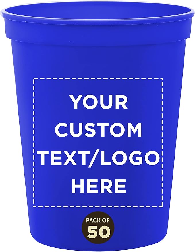 DISCOUNT PROMOS Custom Plastic Stadium Cups 16 oz. Set of 50, Personalized Bulk Pack - Perfect for Birthdays, Weddings, Picnic, Beach, Parties - Blue