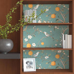 Green Floral Wallpaper Peel and Stick, Birds Contact Paper Orange Fruits - Image 4