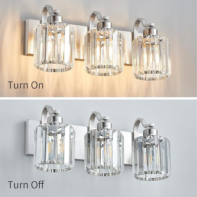 Modern Vanity Light 3-Lights Brushed Nickel Vanity Light Crystal Bathroom Wall - Image 7