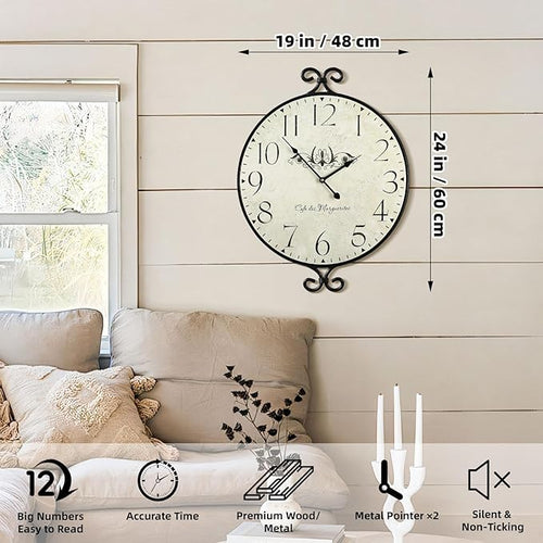 24 Inch Large Farmhouse Wall Clock, Wrought Iron Frame - Image 2