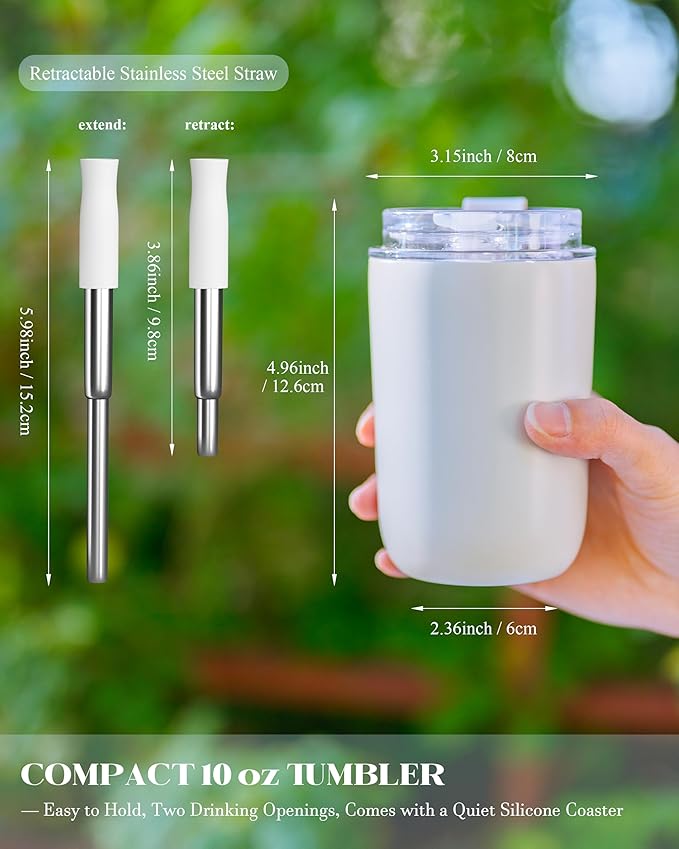 10 oz Insulated Coffee Tumblers, Travel Coffee Tumblers with Straw, Double-Wall Stainless Steel Tumbler, Leak Proof Tumbler, Reusable Cups with Lids for lced and Hot Drinks (Cream)