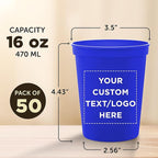 DISCOUNT PROMOS Custom Plastic Stadium Cups 16 oz. Set of 50, Personalized Bulk Pack - Perfect for Birthdays, Weddings, Picnic, Beach, Parties - Blue
