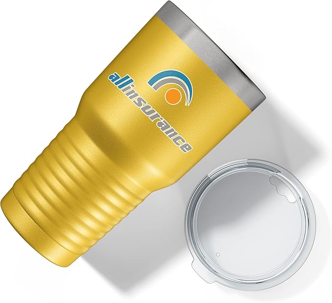 Personalized 30oz (17 Colors) Printed Insulated Stainless Steel Powder Coated Tumbler with Lid - Custom Bulk Promotional Items with your Logo - Bulk Company Small Business Party Favors (Yellow)