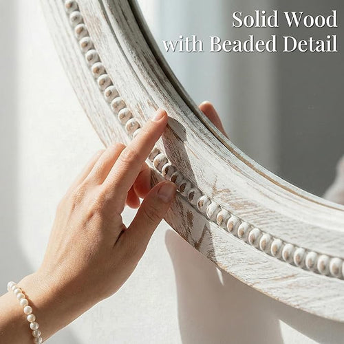 30" White Round Wood Mirror for Bathroom Vanity, Distressed Solid Wood Wall - Image 2