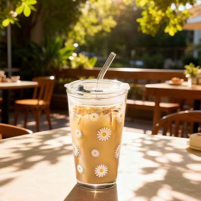 15oz Glass Tumbler with Glass Straw and Lid, Cute Iced Coffee Cups, Aesthetic Glass Cups, Coffee Tumbler, Water Cup, Matcha Cup, Drinking Glasses (Daisy)