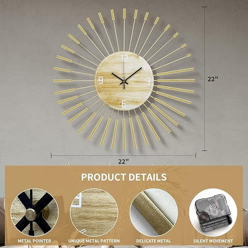 23.6 inch Gold Starburst Wall Clock, Metal & Wood Mid Century Modern Decorative - Image 2