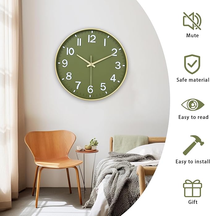 HZDHCLH Wall Clocks Battery Operated, Wall Clock Green Gold, 14 inch Wall Clock - Image 4