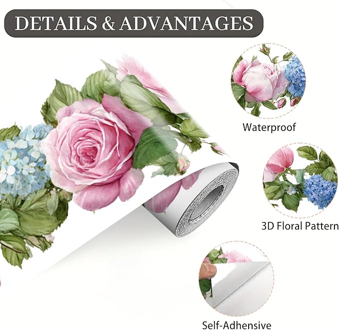 Floral Wallpaper Border 196x4 Inch Peel and Stick Wall Border Pink Blue Rose - Image 9