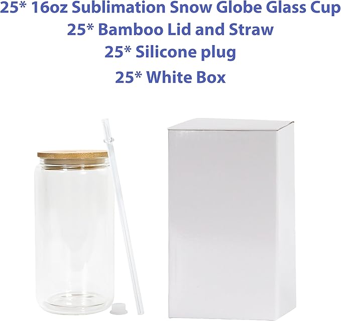 16oz SnowGlobe Cups, 25pack Sublimation Snowglobe Cup with Bamboo Lids and Straws, Double Walled Glass Mug Bulk, Pre Drilled Glass Blank for Snow Globe Glitter, Individual Packaging