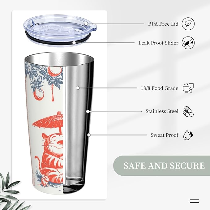 Tiger Tumbler with Lid and Straw for Women Leakproof Travel Coffee Mug Double Wall Insulated Cups 20OZ Gifts for Office Kitchen Outdoor