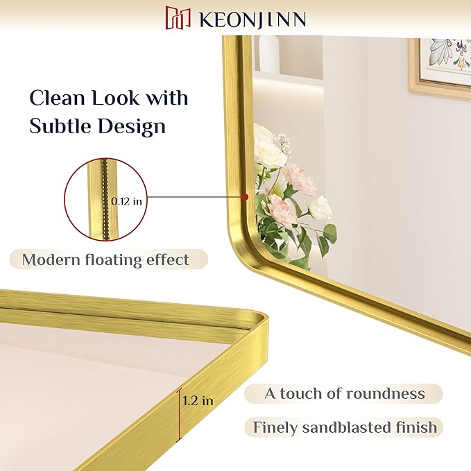 Keonjinn Gold Bathroom Mirrors for Over Sink, 22” x 30” Rounded Rectangle - Image 3