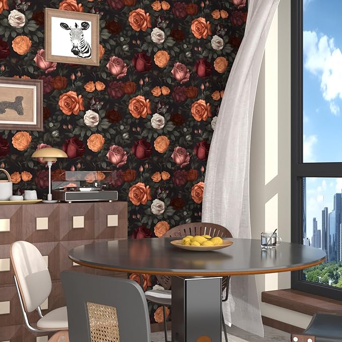 Laatse Dark Floral Peel and Stick Wallpaper Vintage Orange/Red Floral Contact - Image 5