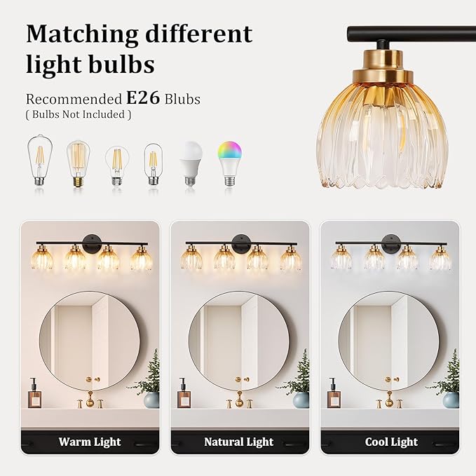 TALOYA Bathroom Vanity Light Fixtures, 4-Light Black and Gold Wall Lights - Image 7