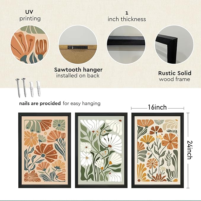 YWJKWLGS Mid Century Boho Wildflower Wall Art Set of 3, 16x24 Inch Black Framed - Image 2