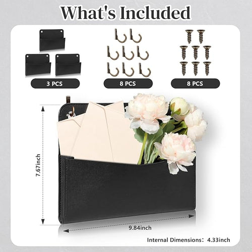 3 PCS Wall Mount PU Leather Mail Holder Black Faux Leather Letter Holder 2 Ring - Image 2