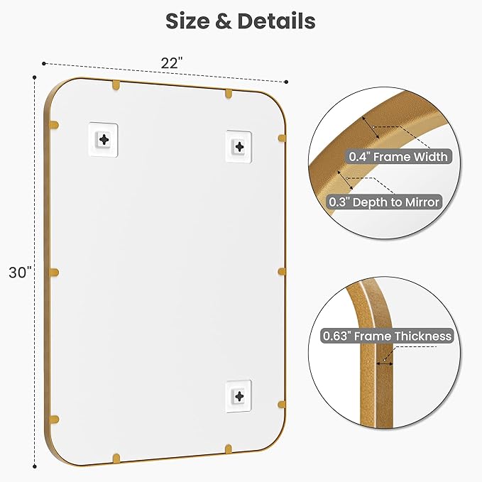 2-Pack 22x30 Inch Matte Gold Bathroom Vanity Mirrors | Flush Mount Deep Set - Image 6