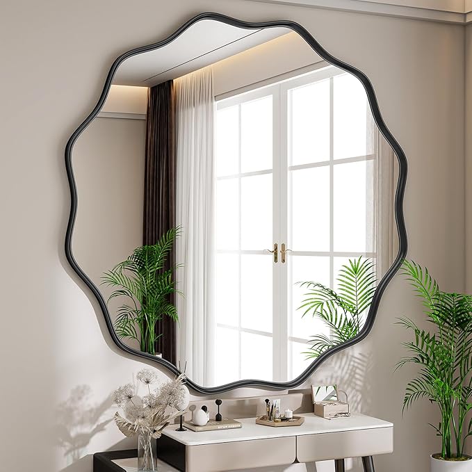 Wavy Round Mirror, 42 Inch Large Metal Frame Circle Mirror, Wall Mounted by Unknown
