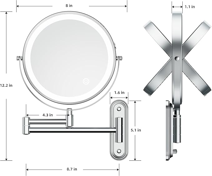 Rocollos Rechargeable Wall Mounted Lighted Makeup Mirror, 8 Inch Double-Sided - Image 5