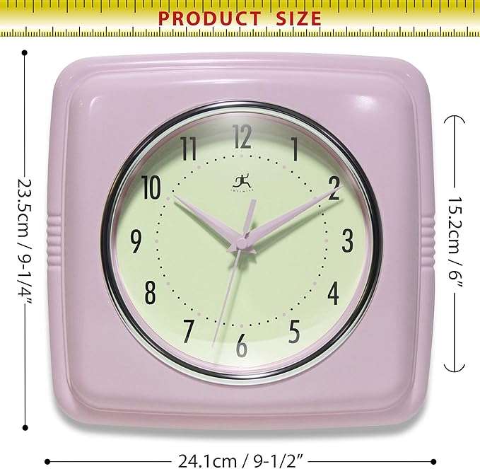 Infinity Instruments Square Retro Wall Clock, Pastel Pink - Image 7