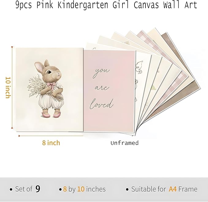9pcs Nursery Pink Wall Art Baby Girl Canvas Wall Art Vintage Floral Prints Kids - Image 3