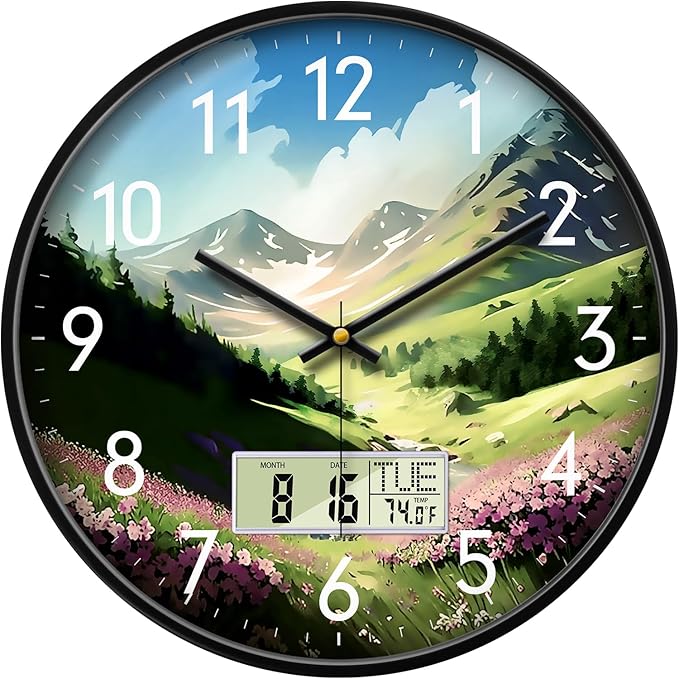 12'' Silent Non-Ticking Rustic Mountain Wildflowers Wall Clock, Battery by SCOAGE