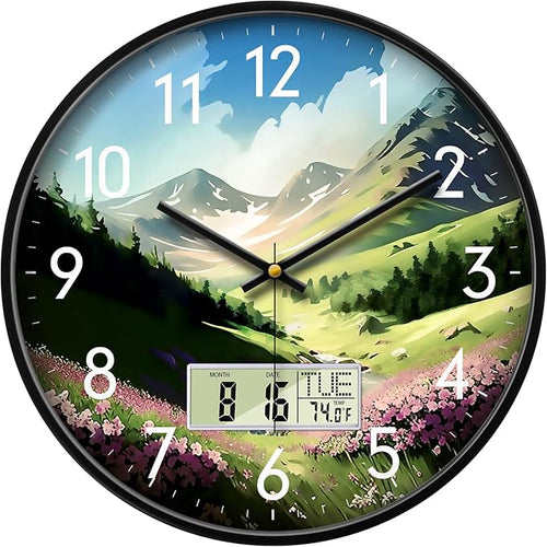 14'' Silent Non-Ticking Rustic Mountain Wildflowers Wall Clock, Battery by SCOAGE
