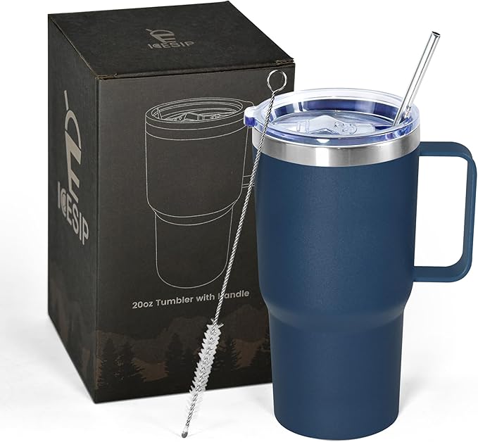 20 oz Tumbler with Handle, insulated cup coffee mug with lid, straw and handle, Double Wall Stainless Steel Vacuum Coffee Tumbler travel mug spill proof, 1pcs Navy Blue