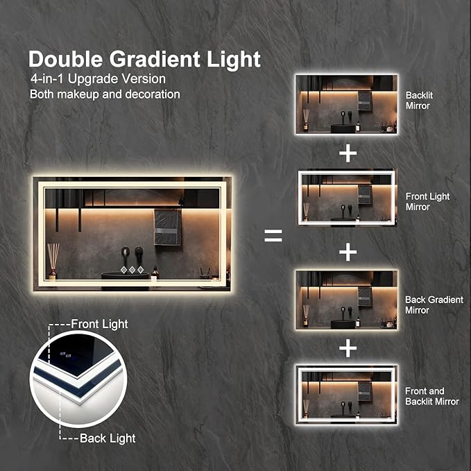 LED Vanity Mirror, 48x30 Inch Gradient Front and Backlit LED Mirror - Image 4
