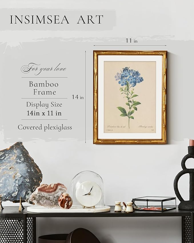 InSimSea Gold Bamboo Framed Canvas Wall Art, Vintage Minimalist Blue Botanical - Image 3