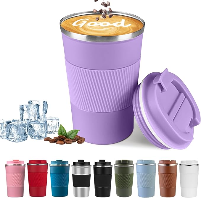 YINBAOGE Insulated Travel Coffee Mug, Spill & Leak Proof, Portable To Go Camping Stainless Steel Coffee Tumbler, Reusable Thermal Coffee Cup with Lid for Hot & Cold Drinks (Purple, 12 OZ)