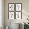 Framed Black and White Bathroom Wall Art, 4 Piece Vintage Floral Canvas Prints by Cuspin