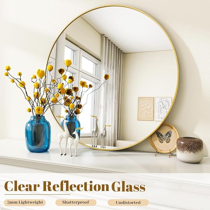 VooBang Gold Round Bathroom Mirror, 30 inch Circle Wall Mounted Hanging Mirror - Image 2
