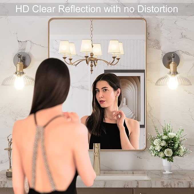 LOAAO 20”X30” Gold Bathroom Mirror, Rounded Rectangle Gold Frame Mirror - Image 2