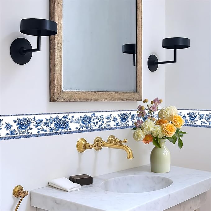 Blue Floral Wallpaper Border 196x4 Inch Vintage Peel and Stick Wall Border - Image 5