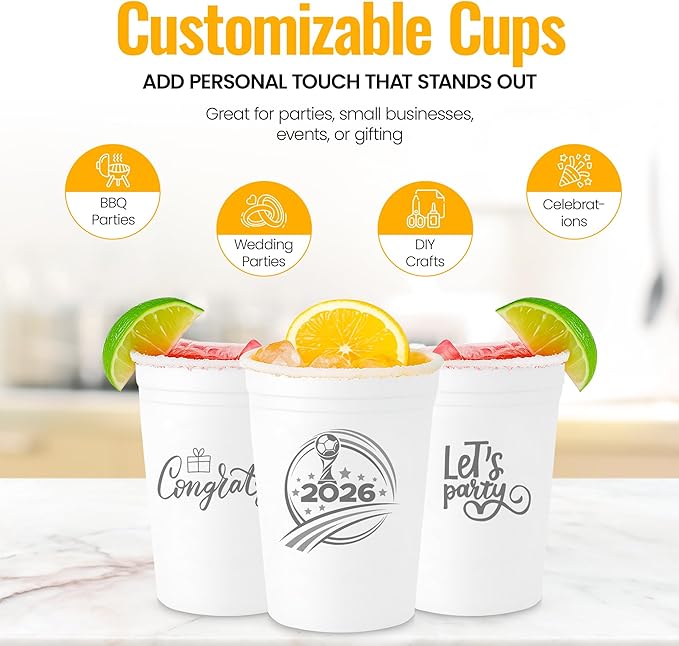 Customizable 16oz White Stadium 25 Cups | Personalized Plastic Party Cups - Reusable White Plastic Cups for Parties, Trick or Treat Drinks, Fall Events & Themed Decorations