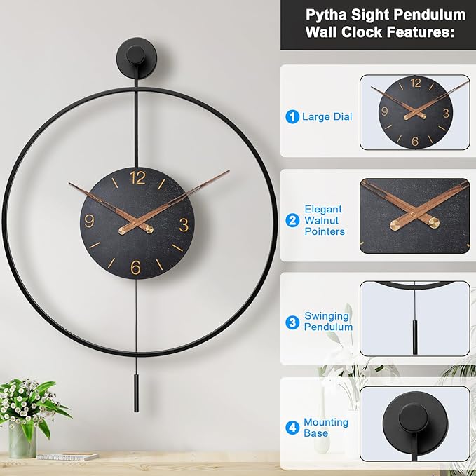 Pytha Sight Large Modern Wall Clock, 30.7× 20 Inch Big Metal Minimalist Arabic - Image 2