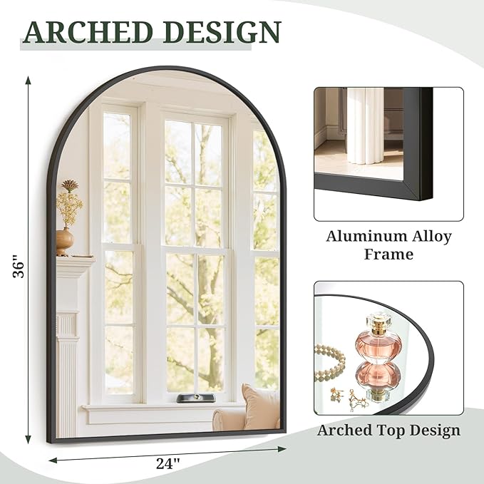 Arched Wall Mirror 36x24 Inch Black Bathroom Vanity Mirror - Image 3