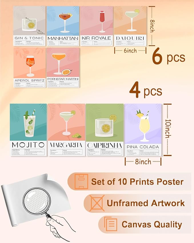 KBKBART Vintage Cocktail Poster Set of 10, Retro Bar Cart Accessories, Colorful - Image 2