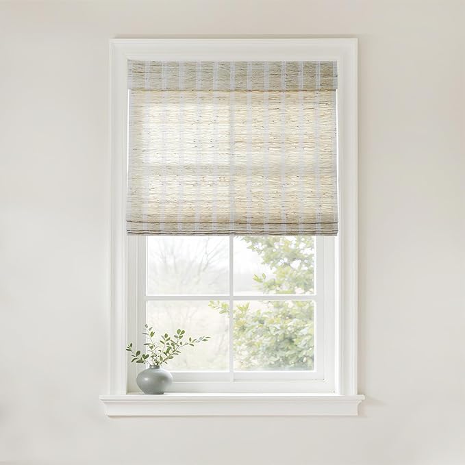 TWOPAGES Natural Woven No Drill Roman Shades, Custom Cordless Light Filtering by TWOPAGES