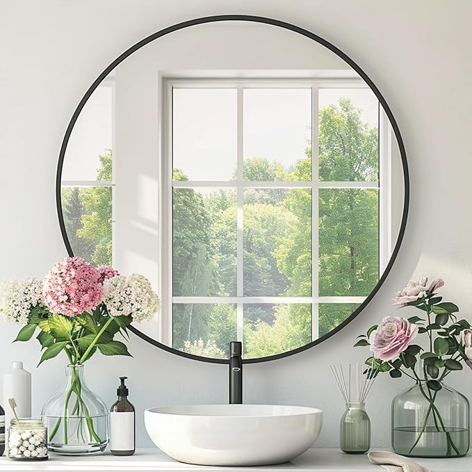 Black Round Mirror, 20 Inch Black Circle Mirror, Metal Frame Round Wall Mounted by Mfring