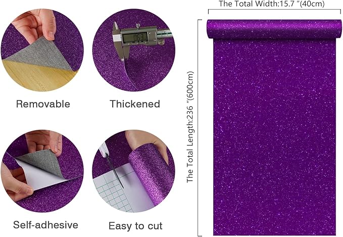 CHIHUT 15.7''x236'' Dark Purple Glitter Contact Paper Peel and Stick - Image 2