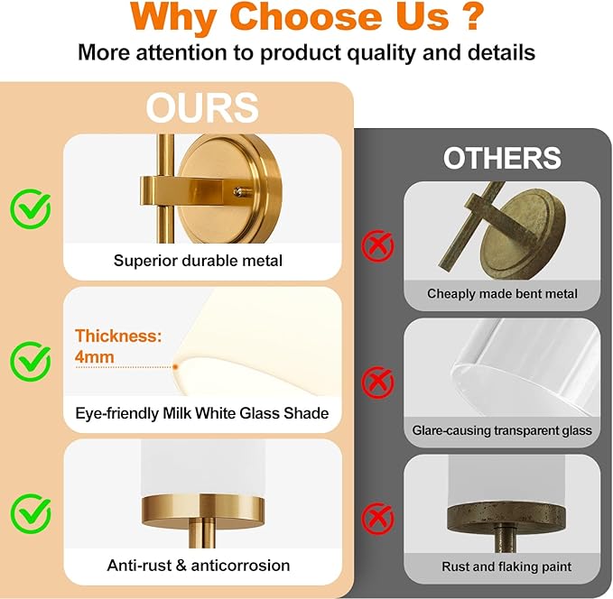 Wall Sconces Set of Two, Brushed Gold Bathroom Sconces - Image 5